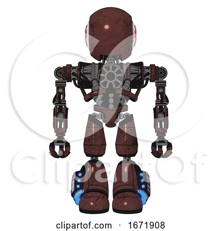 Android Containing Round Head and First Aid Emblem and Heavy Upper Chest and No Chest Plating and Light Leg Exoshielding and Megneto-hovers Foot Mod. Steampunk Copper. Front View. by Leo Blanchette