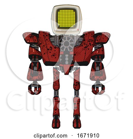 Cyborg Containing Old Computer Monitor and Yellow Circle Array Display and Heavy Upper Chest and Heavy Mech Chest and Ultralight Foot Exosuit. Grunge Dots Cherry Tomato Red. Front View. by Leo Blanchette