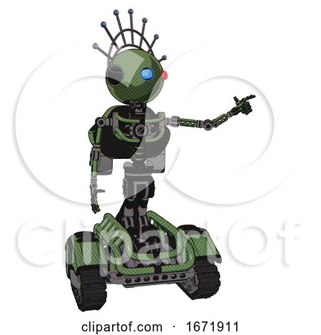 Robot Containing Oval Wide Head and Giant Blue and Red Led Eyes and Techno Halo Ornament and Light Chest Exoshielding and Rocket Pack and No Chest Plating and Tank Tracks. Grass Green. by Leo Blanchette