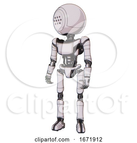 Robot Containing Dots Array Face and Light Chest Exoshielding and Ultralight Chest Exosuit and Ultralight Foot Exosuit. White Halftone Toon. Standing Looking Right Restful Pose. by Leo Blanchette