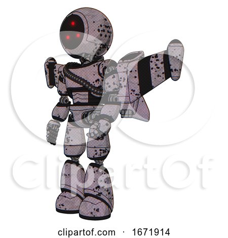 Robot Containing Three Led Eyes Round Head and Light Chest Exoshielding and Rubber Chain Sash and Stellar Jet Wing Rocket Pack and Light Leg Exoshielding. Dark Ink Dots Sketch. Facing Right View. by Leo Blanchette