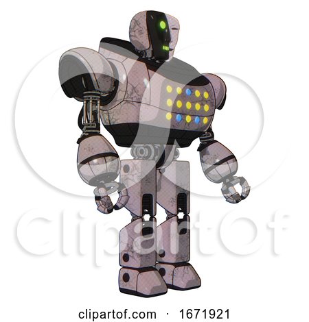Robot Containing Humanoid Face Mask and Two-face Black White Mask and Heavy Upper Chest and Colored Lights Array and Prototype Exoplate Legs. Gray Metal. Facing Left View. by Leo Blanchette