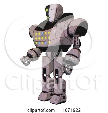 Robot Containing Humanoid Face Mask and Two-face Black White Mask and Heavy Upper Chest and Colored Lights Array and Prototype Exoplate Legs. Gray Metal. Facing Right View. by Leo Blanchette