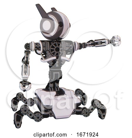 Mech Containing Round Head and Maru Eyes and Head Winglets and Heavy Upper Chest and No Chest Plating and Insect Walker Legs. White Halftone Toon. Pointing Left or Pushing a Button.. by Leo Blanchette