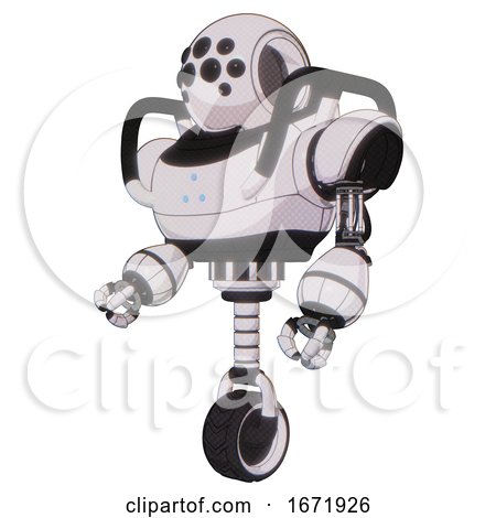 Automaton Containing Round Head and Bug Eye Array and Heavy Upper Chest and Triangle of Blue Leds and Unicycle Wheel. White Halftone Toon. Facing Right View. by Leo Blanchette