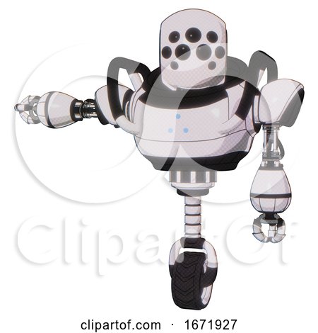 Automaton Containing Round Head and Bug Eye Array and Heavy Upper Chest and Triangle of Blue Leds and Unicycle Wheel. White Halftone Toon. Arm out Holding Invisible Object.. by Leo Blanchette