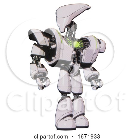 Android Containing Flat Elongated Skull Head and Heavy Upper Chest and Heavy Mech Chest and Green Energy Core and Light Leg Exoshielding. White Halftone Toon. Hero Pose. by Leo Blanchette