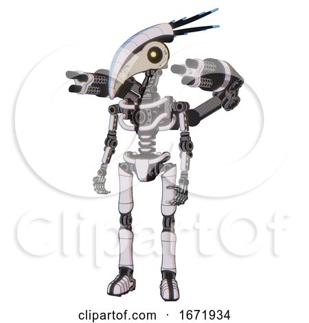 Bot Containing Bird Skull Head and Yellow Led Protruding Eyes and Head Shield Design and Light Chest Exoshielding and Minigun Back Assembly and No Chest Plating and Ultralight Foot Exosuit. by Leo Blanchette