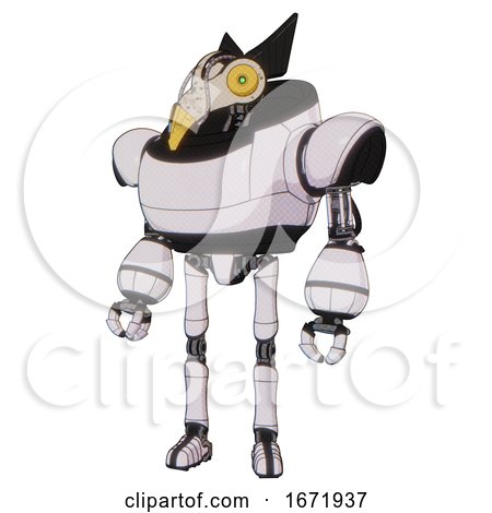 Bot Containing Bird Skull Head and Brass Steampunk Eyes and Robobeak Design and Heavy Upper Chest and Ultralight Foot Exosuit. White Halftone Toon. Standing Looking Right Restful Pose. by Leo Blanchette