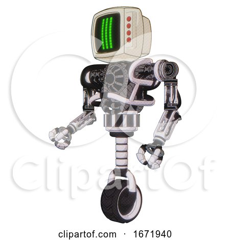 Cyborg Containing Old Computer Monitor and Three Lines Pixel Design and Red Buttons and Heavy Upper Chest and No Chest Plating and Unicycle Wheel. White Halftone Toon. Facing Right View. by Leo Blanchette