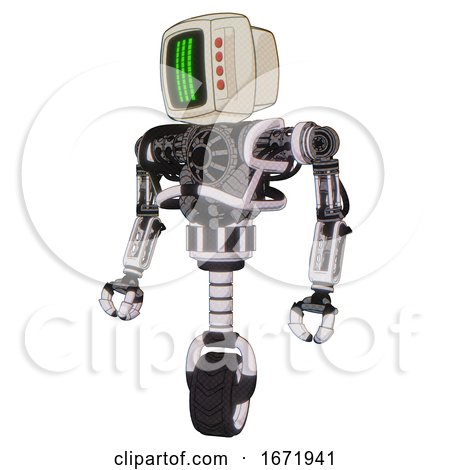 Cyborg Containing Old Computer Monitor and Three Lines Pixel Design and Red Buttons and Heavy Upper Chest and No Chest Plating and Unicycle Wheel. White Halftone Toon. by Leo Blanchette