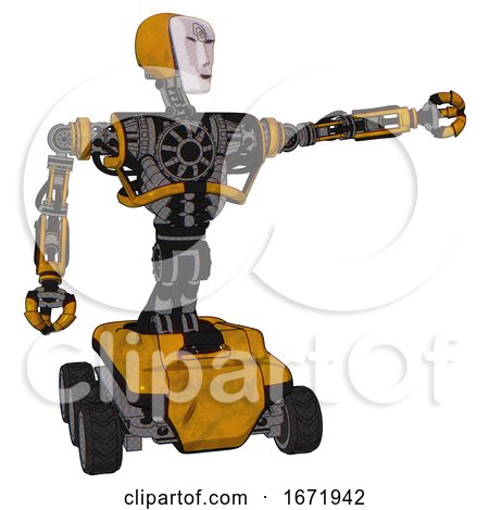Robot Containing Humanoid Face Mask and Spiral Design and Heavy Upper Chest and No Chest Plating and Six-wheeler Base. Worn Construction Yellow. Pointing Left or Pushing a Button.. by Leo Blanchette