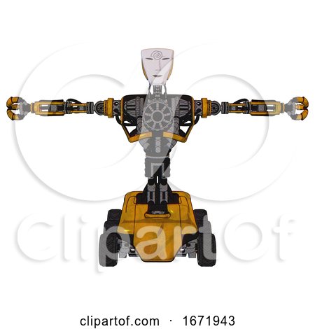 Robot Containing Humanoid Face Mask and Spiral Design and Heavy Upper Chest and No Chest Plating and Six-wheeler Base. Worn Construction Yellow. T-pose. by Leo Blanchette