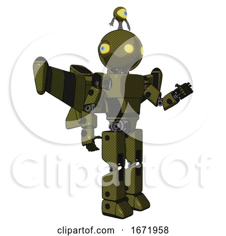 Robot Containing Oval Wide Head and Yellow Eyes and Minibot Ornament and Light Chest Exoshielding and Prototype Exoplate Chest and Stellar Jet Wing Rocket Pack and Prototype Exoplate Legs. by Leo Blanchette