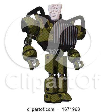 Bot Containing Humanoid Face Mask and Die Robots Graffiti Design and Heavy Upper Chest and Chest Vents and Prototype Exoplate Legs. Army Green Halftone. Hero Pose. by Leo Blanchette