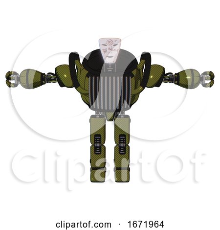 Bot Containing Humanoid Face Mask and Die Robots Graffiti Design and Heavy Upper Chest and Chest Vents and Prototype Exoplate Legs. Army Green Halftone. T-pose. by Leo Blanchette