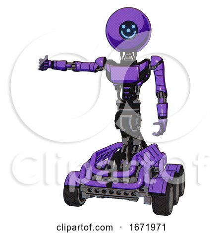 Mech Containing Dual Retro Camera Head and Small Happy Face Round Head and Light Chest Exoshielding and Ultralight Chest Exosuit and Six-wheeler Base. Secondary Purple Halftone. by Leo Blanchette