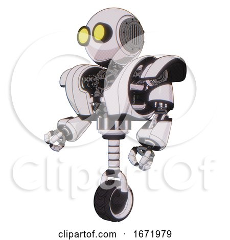 Automaton Containing Round Head and Large Yellow Eyes and Heavy Upper Chest and Heavy Mech Chest and Unicycle Wheel. White Halftone Toon. Facing Right View. by Leo Blanchette