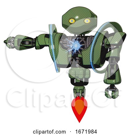 Cyborg Containing Oval Wide Head and Yellow Eyes and Heavy Upper Chest and Heavy Mech Chest and Spectrum Fusion Core Chest and Jet Propulsion. Grass Green. Arm out Holding Invisible Object.. by Leo Blanchette