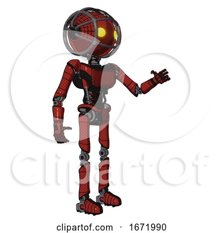 Robot Containing Oval Wide Head and Yellow Eyes and Barbed Wire Cage Helmet and Light Chest Exoshielding and Ultralight Chest Exosuit and Ultralight Foot Exosuit. Cherry Tomato Red. Interacting. by Leo Blanchette