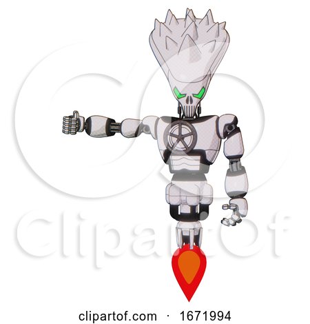 Android Containing Flat Elongated Skull Head and Spikes, and Light Chest Exoshielding and Chest Valve Crank and Jet Propulsion. White Halftone Toon. Arm out Holding Invisible Object.. by Leo Blanchette