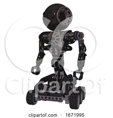 Android Containing Round Head and Bug Eye Array and Heavy Upper Chest and No Chest Plating and Six-wheeler Base. Clean Black. Standing Looking Right Restful Pose. by Leo Blanchette