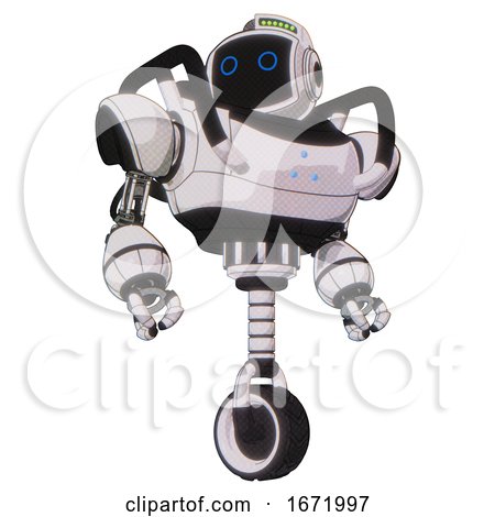 Android Containing Digital Display Head and Circle Eyes and Green Led Array and Heavy Upper Chest and Triangle of Blue Leds and Unicycle Wheel. White Halftone Toon. Hero Pose. by Leo Blanchette