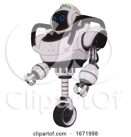 Android Containing Digital Display Head and Circle Eyes and Green Led Array and Heavy Upper Chest and Triangle of Blue Leds and Unicycle Wheel. White Halftone Toon. Facing Right View. by Leo Blanchette