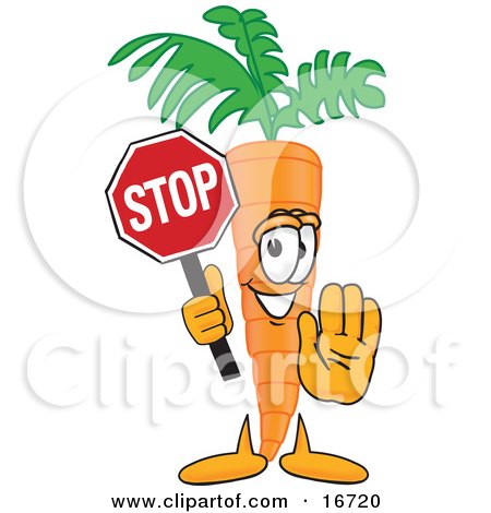 Clipart Picture of an Orange Carrot Mascot Cartoon Character Holding a Stop Sign by Mascot Junction