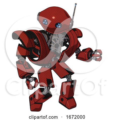 Mech Containing Oval Wide Head and Blue Led Eyes and Retro Antenna with Light and Heavy Upper Chest and Heavy Mech Chest and Prototype Exoplate Legs. Cherry Tomato Red. Fight or Defense Pose.. by Leo Blanchette