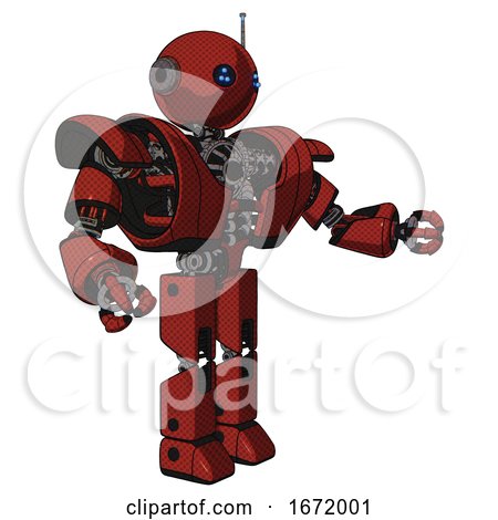 Mech Containing Oval Wide Head and Blue Led Eyes and Retro Antenna with Light and Heavy Upper Chest and Heavy Mech Chest and Prototype Exoplate Legs. Cherry Tomato Red. Interacting. by Leo Blanchette