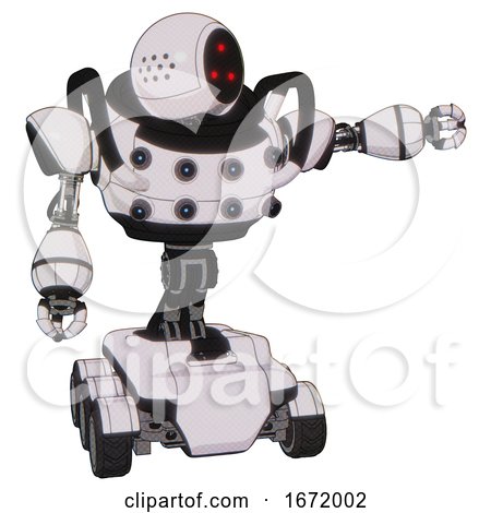 Automaton Containing Three Led Eyes Round Head and Heavy Upper Chest and Chest Energy Sockets and Six-wheeler Base. White Halftone Toon. Pointing Left or Pushing a Button.. by Leo Blanchette