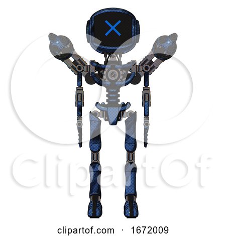 Android Containing Digital Display Head and X Face and Light Chest Exoshielding and Minigun Back Assembly and No Chest Plating and Ultralight Foot Exosuit. Grunge Dark Blue. Front View. by Leo Blanchette