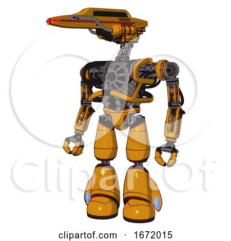 Automaton Containing Dual Retro Camera Head and Laser Gun Head and Heavy Upper Chest and No Chest Plating and Light Leg Exoshielding. Primary Yellow Halftone. Standing Looking Right Restful Pose. by Leo Blanchette