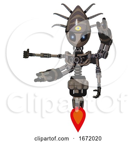 Mech Containing Grey Alien Style Head and Electric Eyes and Eyeball Creature Crown and Light Chest Exoshielding and Minigun Back Assembly and No Chest Plating and Jet Propulsion. Patent Khaki Metal. by Leo Blanchette
