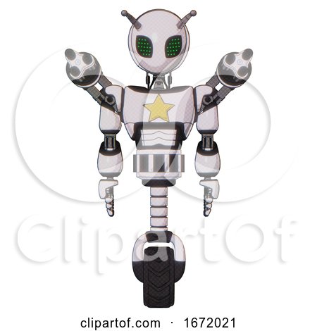 Droid Containing Grey Alien Style Head and Led Array Eyes and Bug Antennas and Light Chest Exoshielding and Yellow Star and Minigun Back Assembly and Unicycle Wheel. White Halftone Toon. Front View. by Leo Blanchette