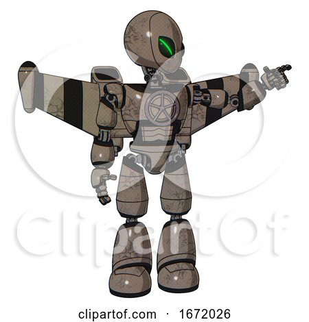 Robot Containing Grey Alien Style Head and Green Demon Eyes and Light Chest Exoshielding and Chest Valve Crank and Stellar Jet Wing Rocket Pack and Light Leg Exoshielding. Patent Khaki Metal. by Leo Blanchette