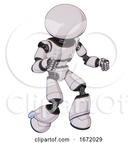 Robot Containing Dome Head and Light Chest Exoshielding and Chest Green Blue Lights Array and Light Leg Exoshielding. White Halftone Toon. Fight or Defense Pose.. by Leo Blanchette