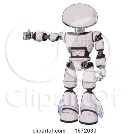 Robot Containing Dome Head and Light Chest Exoshielding and Chest Green Blue Lights Array and Light Leg Exoshielding. White Halftone Toon. Arm out Holding Invisible Object.. by Leo Blanchette