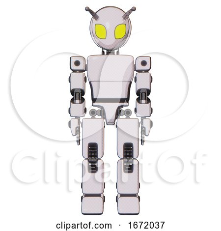 Droid Containing Grey Alien Style Head and Yellow Eyes and Bug Antennas and Light Chest Exoshielding and Prototype Exoplate Chest and Prototype Exoplate Legs. White Halftone Toon. Front View. by Leo Blanchette