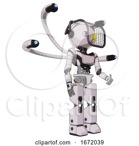 Bot Containing Oval Wide Head and Sunshine Patch Eye and Barbed Wire Visor Helmet and Light Chest Exoshielding and Ultralight Chest Exosuit and Blue-eye Cam Cable Tentacles . by Leo Blanchette