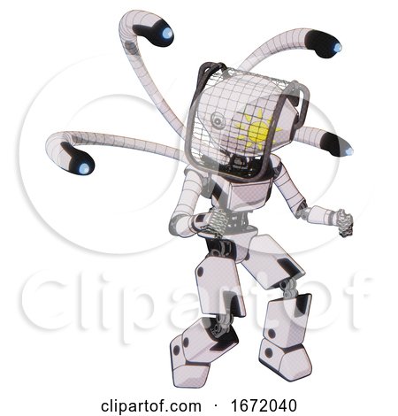 Bot Containing Oval Wide Head and Sunshine Patch Eye and Barbed Wire Visor Helmet and Light Chest Exoshielding and Ultralight Chest Exosuit and Blue-eye Cam Cable Tentacles . by Leo Blanchette