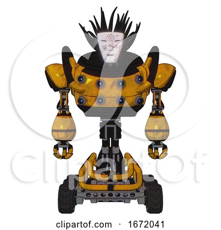 Automaton Containing Humanoid Face Mask and Die Robots Graffiti Design and Heavy Upper Chest and Chest Energy Sockets and Six-wheeler Base. Worn Construction Yellow. Front View. by Leo Blanchette