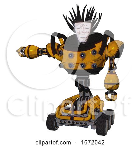 Automaton Containing Humanoid Face Mask and Die Robots Graffiti Design and Heavy Upper Chest and Chest Energy Sockets and Six-wheeler Base. Worn Construction Yellow. Arm out Holding Invisible Object.. by Leo Blanchette