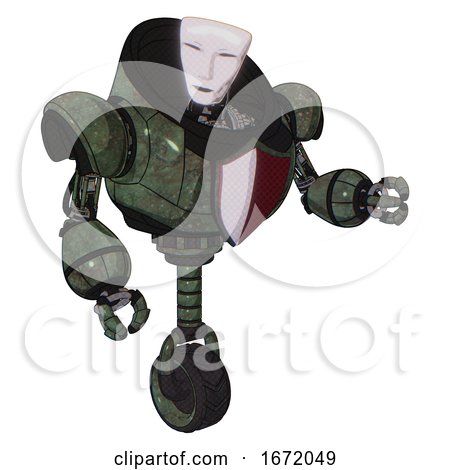 Automaton Containing Humanoid Face Mask and Heavy Upper Chest and Red Shield Defense Design and Unicycle Wheel. Old Corroded Copper. Fight or Defense Pose.. by Leo Blanchette