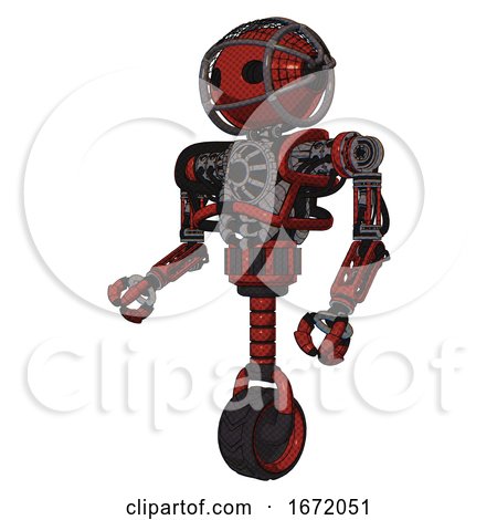 Robot Containing Oval Wide Head and Barbed Wire Cage Helmet and Heavy Upper Chest and No Chest Plating and Unicycle Wheel. Cherry Tomato Red. Facing Right View. by Leo Blanchette