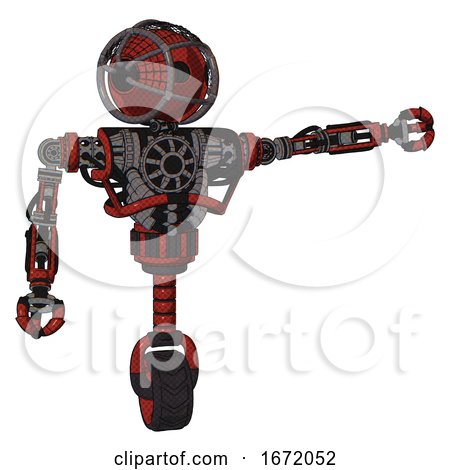 Robot Containing Oval Wide Head and Barbed Wire Cage Helmet and Heavy Upper Chest and No Chest Plating and Unicycle Wheel. Cherry Tomato Red. Pointing Left or Pushing a Button.. by Leo Blanchette