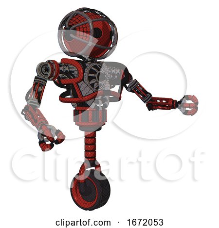Robot Containing Oval Wide Head and Barbed Wire Cage Helmet and Heavy Upper Chest and No Chest Plating and Unicycle Wheel. Cherry Tomato Red. Interacting. by Leo Blanchette