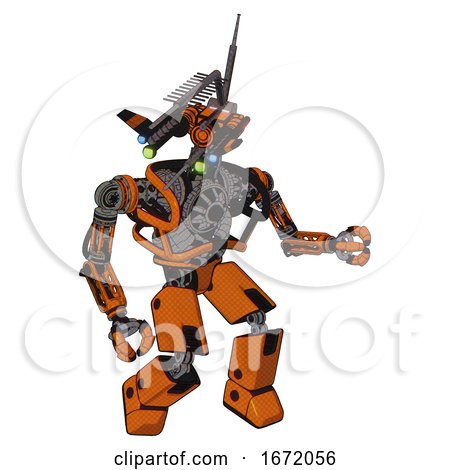 Automaton Containing Dual Retro Camera Head and Communications Array Head and Heavy Upper Chest and No Chest Plating and Prototype Exoplate Legs. Secondary Orange Halftone. Fight or Defense Pose.. by Leo Blanchette