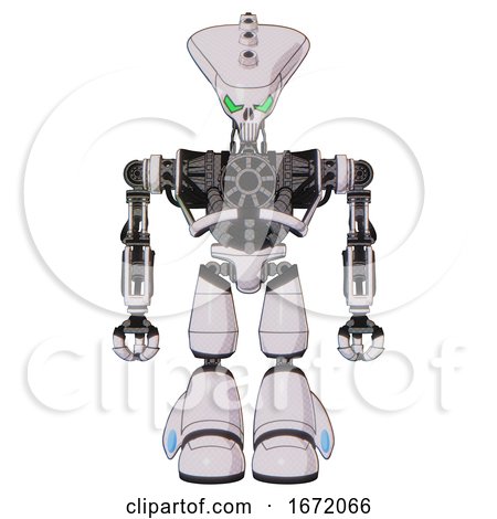 Robot Containing Flat Elongated Skull Head and Heavy Upper Chest and No Chest Plating and Light Leg Exoshielding. White Halftone Toon. Front View. by Leo Blanchette